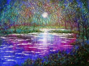 テクスチャード加工 Painting - 風景春の木湖とホタルの庭の装飾風景壁アート自然風景テクスチャ